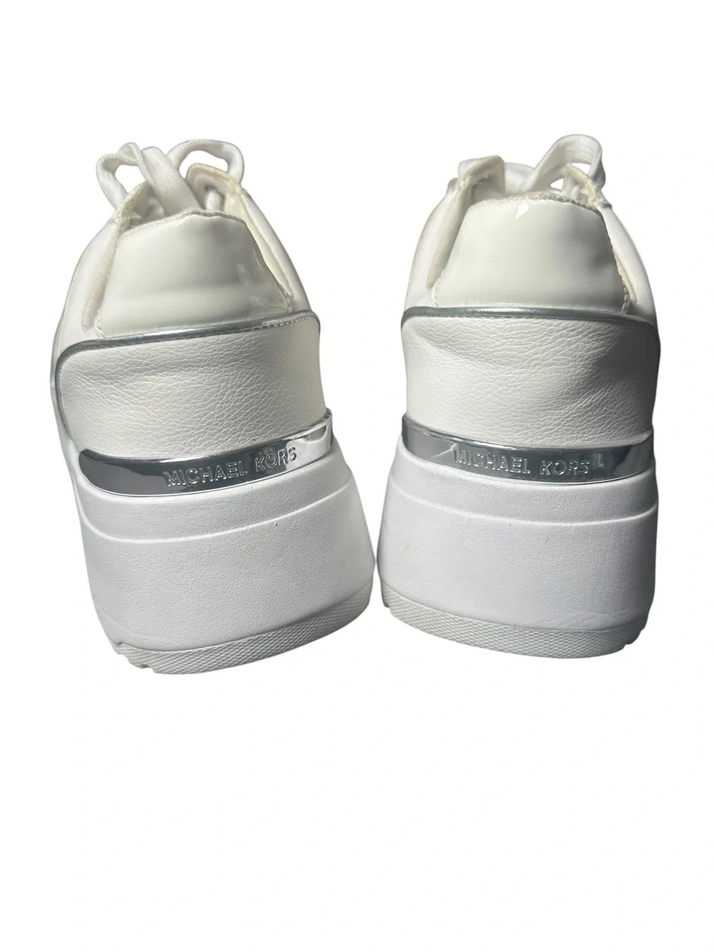 Michael Kors White Platform Lace-Up Sneakers with Silver Accents